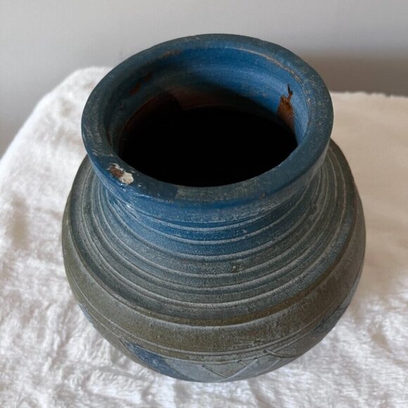 Studio pottery blue geometric pot vase planter - Picture 4 of 6